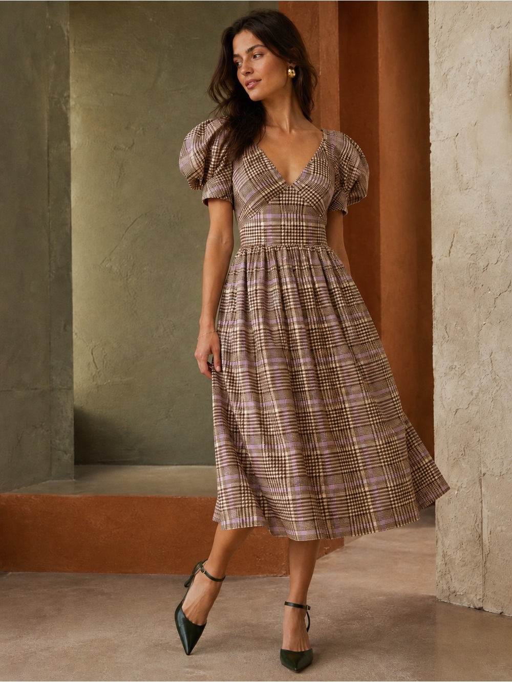 Anthropologie NWT En Saison Plaid Puff Sleeve Charleigh Midi Dress, S Petite